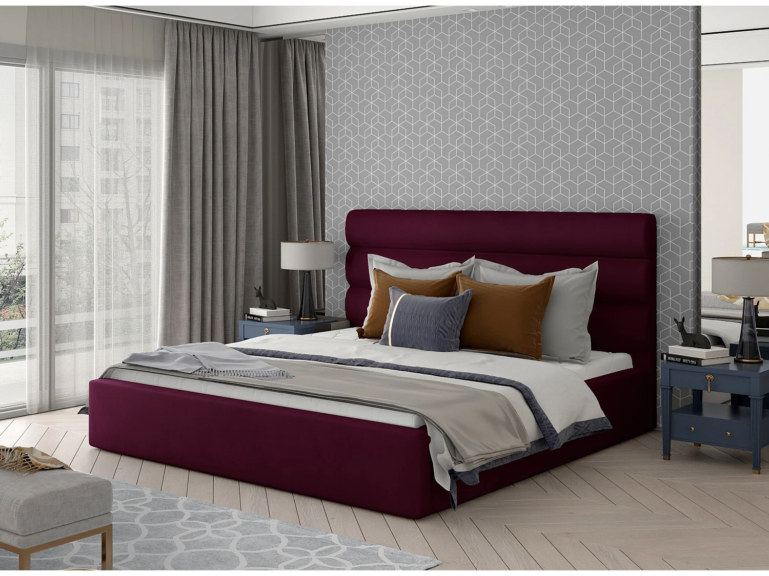 Lit design velours prune avec coffre de rangement Klarina - 4 tailles-180x200