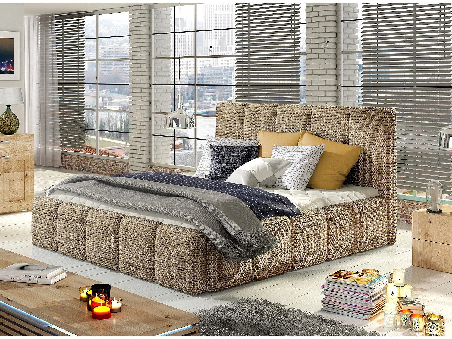 Lit adulte avec coffre de rangement Vika – Tissu capitonné-Beige chiné-140x200
