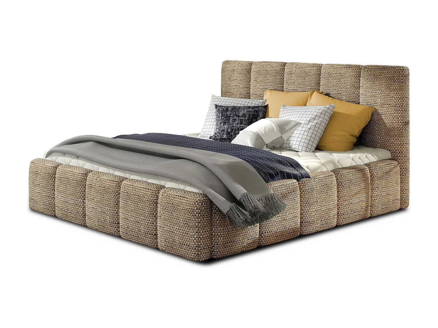 Lit adulte avec coffre de rangement Vika – Tissu capitonné-Beige chiné-140x200