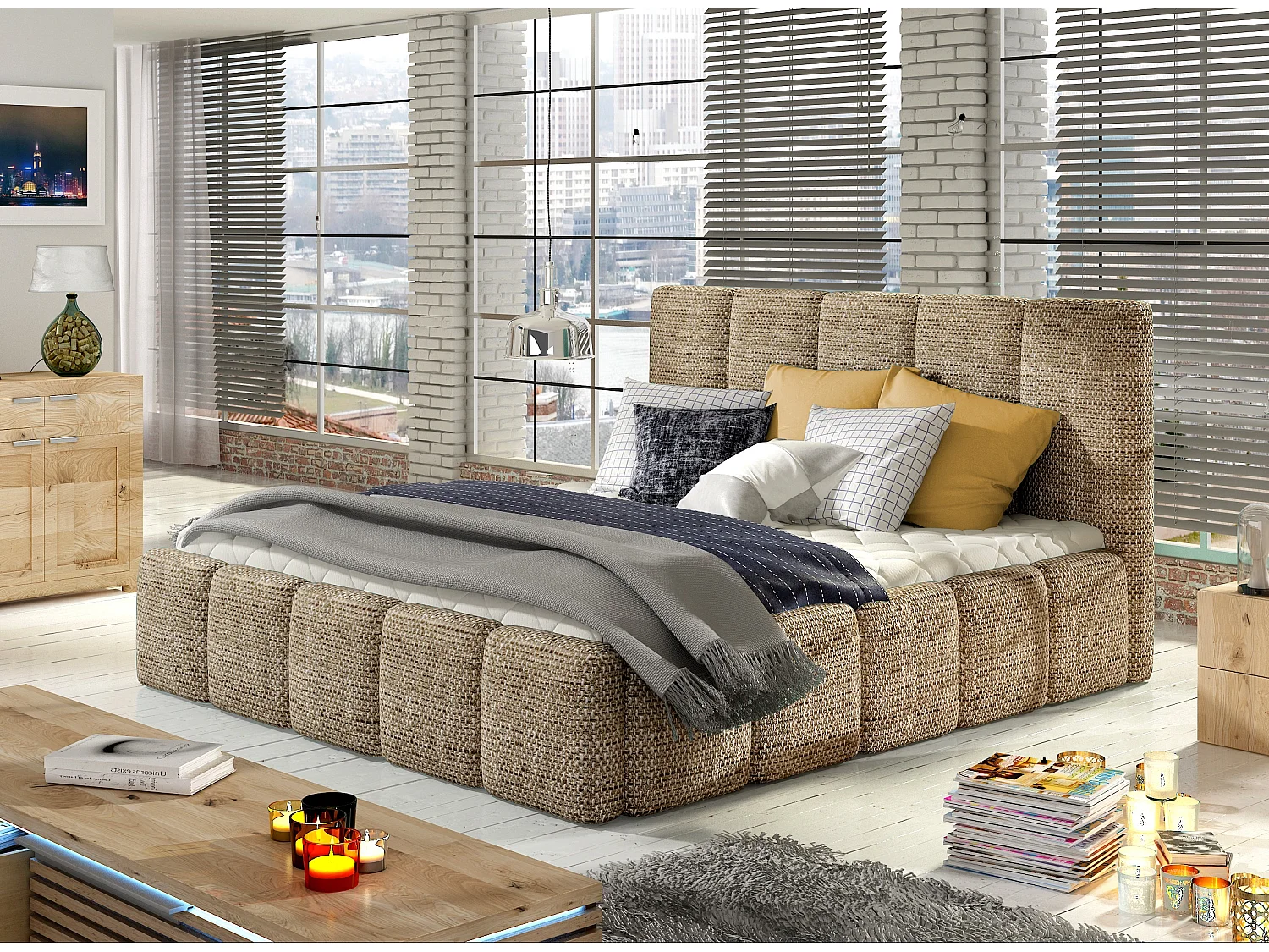 Lit adulte avec coffre de rangement Vika – Tissu capitonné-Beige chiné-140x200