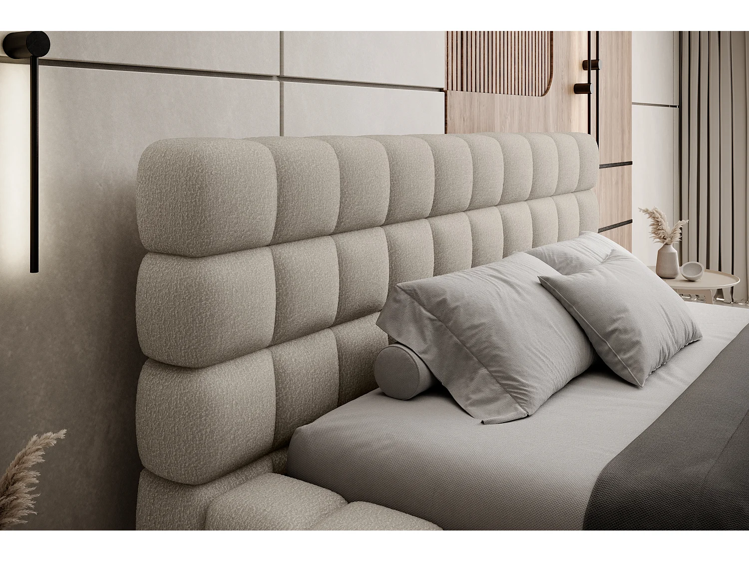 Bed met Kaizer prestige opbergbox – Gewatteerde stoffen bekleding-Kleur Beige-Slapen 180x200cm