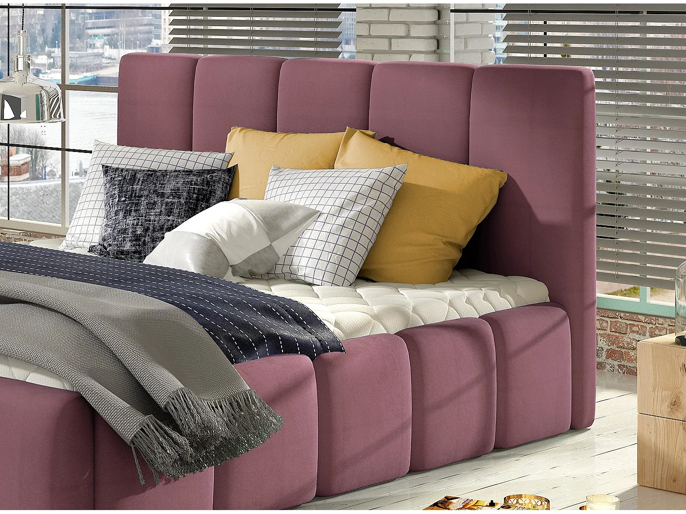 Lit adulte Vika – Velours capitonné-Rose-140x200-Version avec sommier