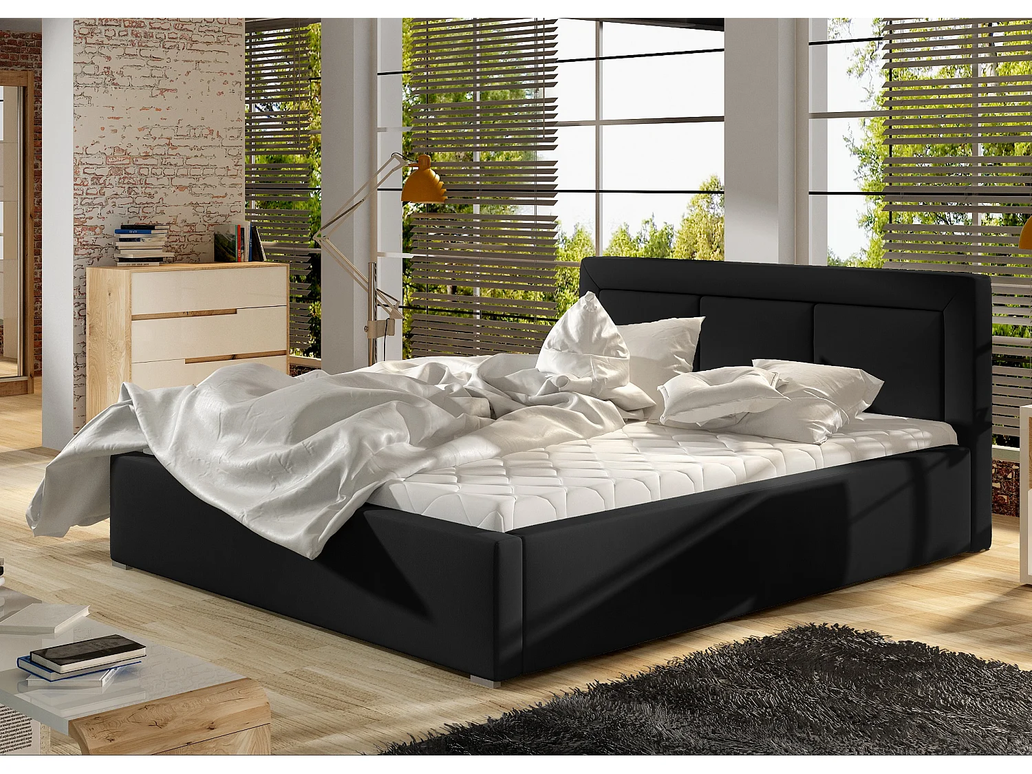 Berlino volwassenenbed met opbergdoos - Gewatteerd kunstleer-Kleur Zwart-Slapen 180x200cm