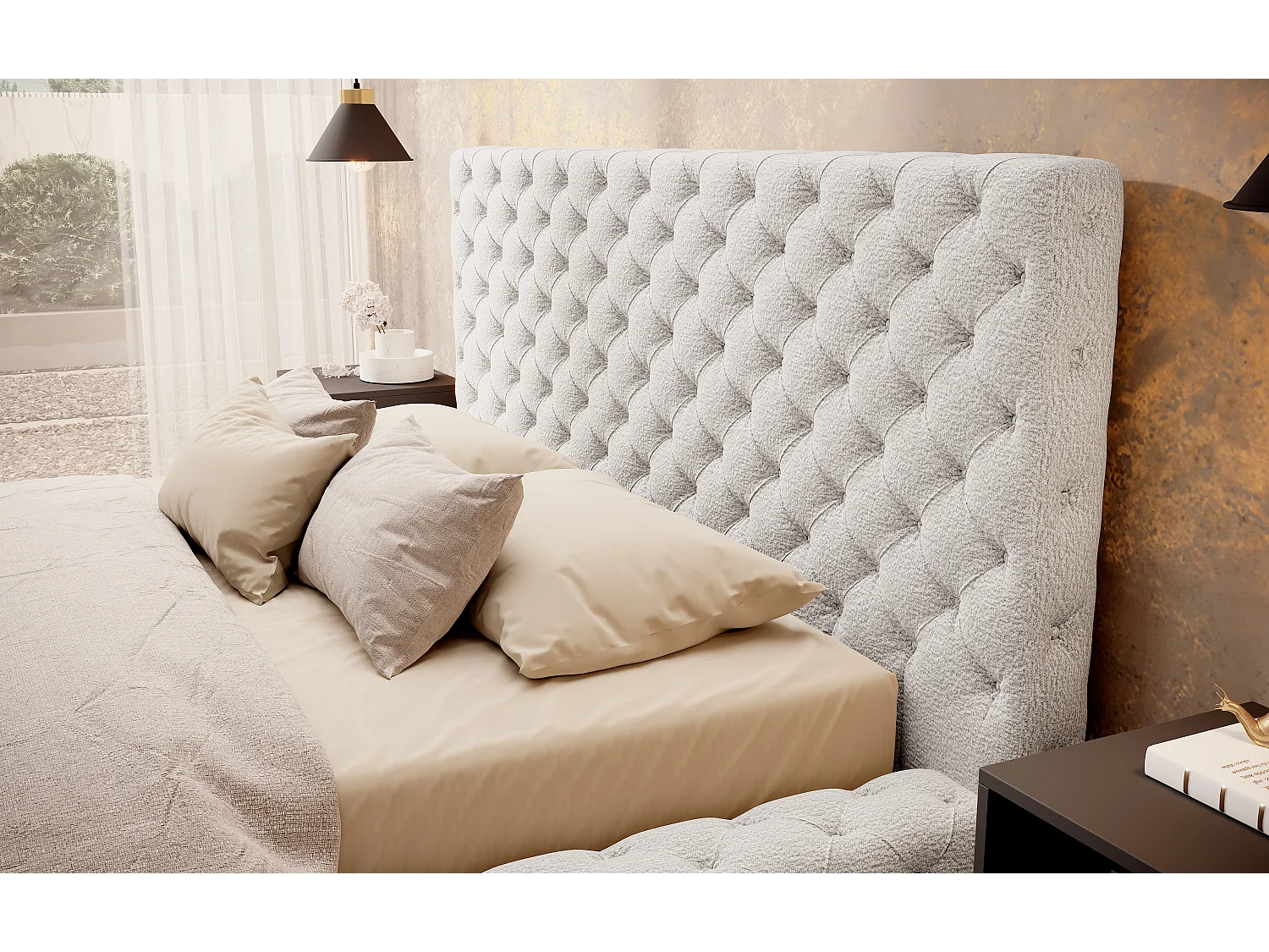 Lit design avec tête de lit et coffre capitonné velours écru Prince - 3 tailles-140x200