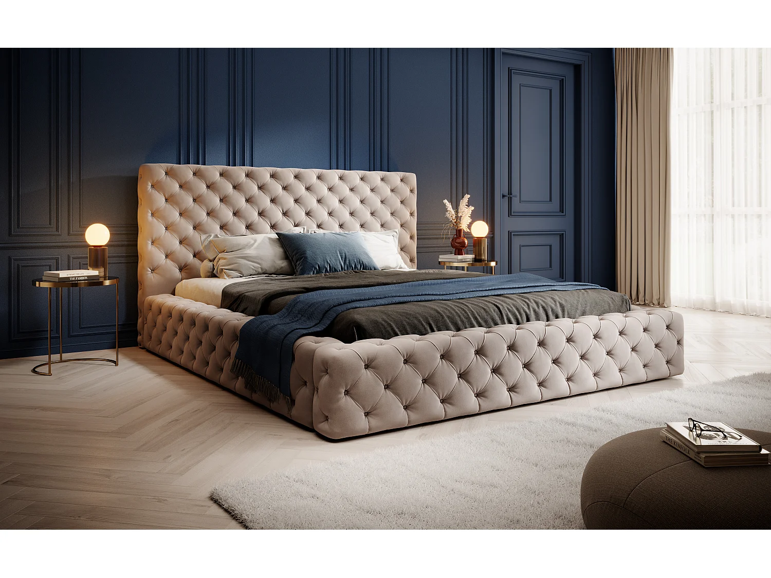 Lit design avec tête de lit et coffre capitonné velours écru Prince - 3 tailles-140x200