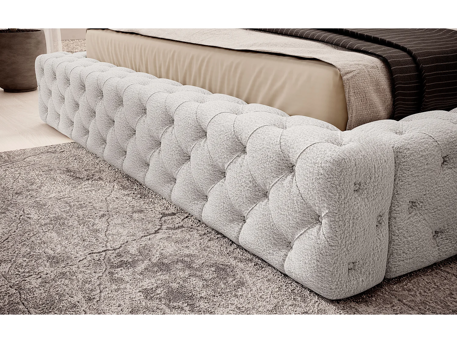 Lit design avec tête de lit et coffre capitonné velours écru Prince - 3 tailles-160x200