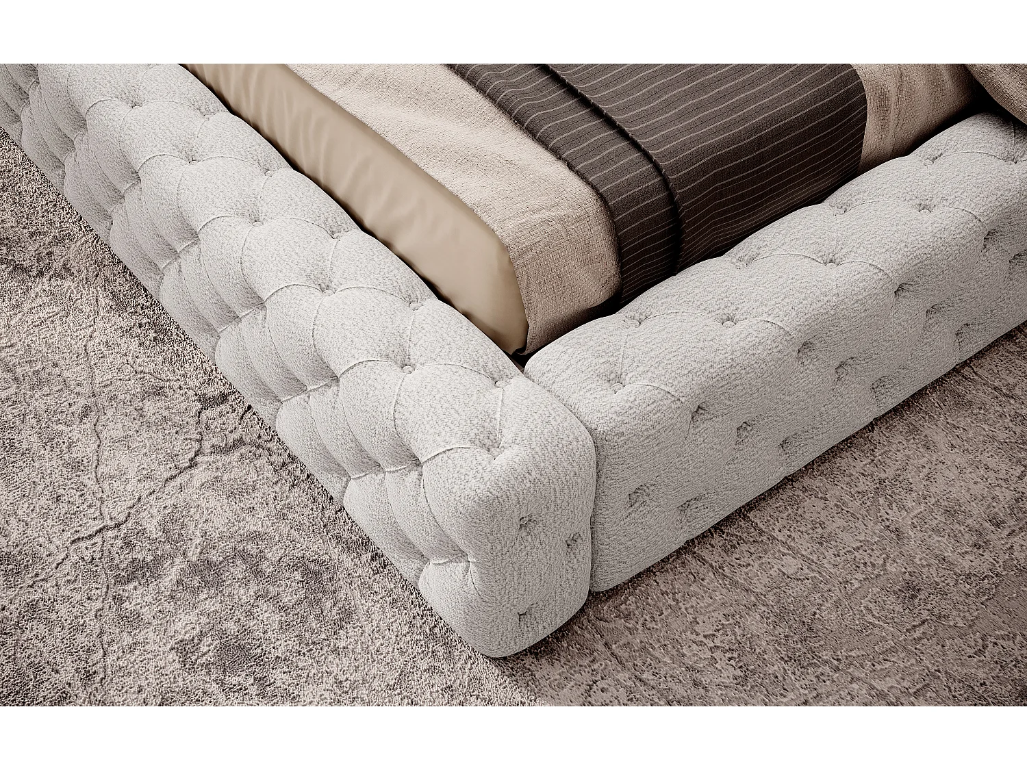 Lit design avec tête de lit et coffre capitonné velours écru Prince - 3 tailles-160x200