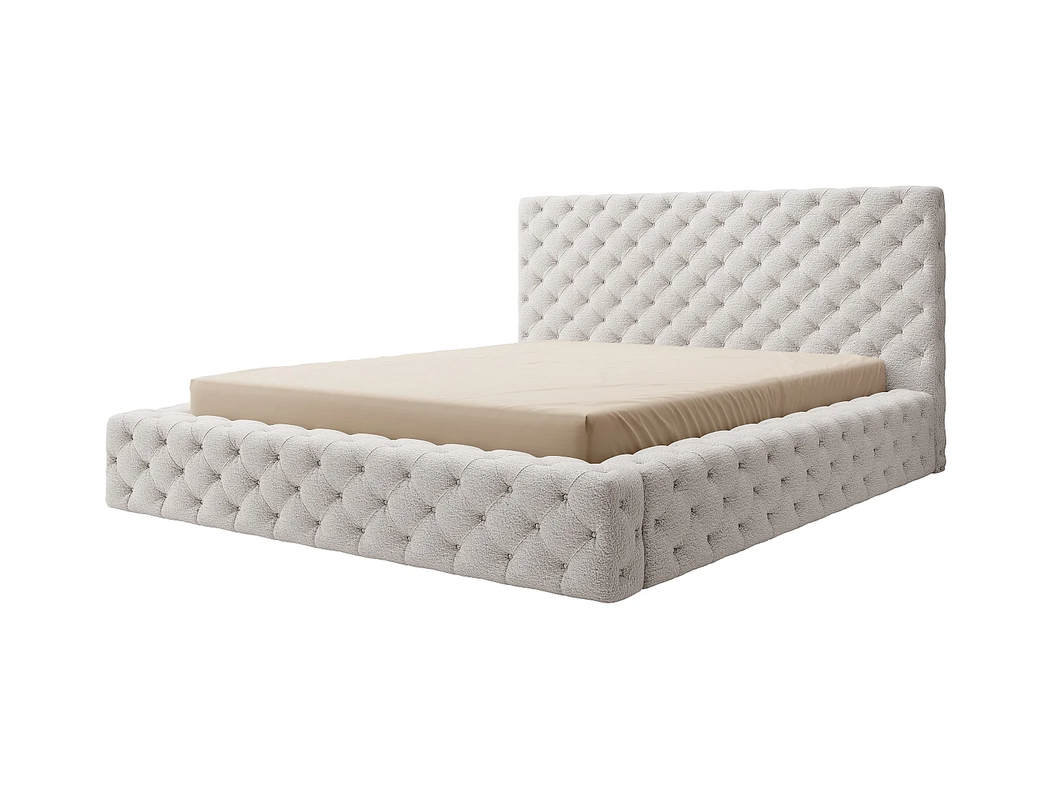 Lit design avec tête de lit et coffre capitonné velours écru Prince - 3 tailles-160x200