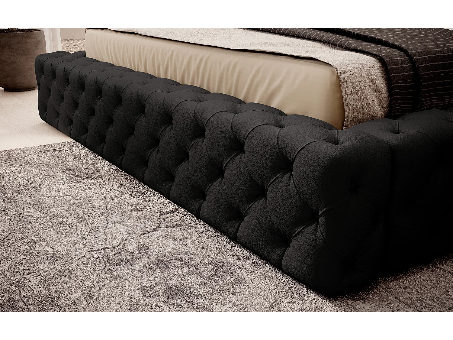 Lit design avec tête de lit et coffre capitonné simili cuir noir Prince - 3 tailles-140x200