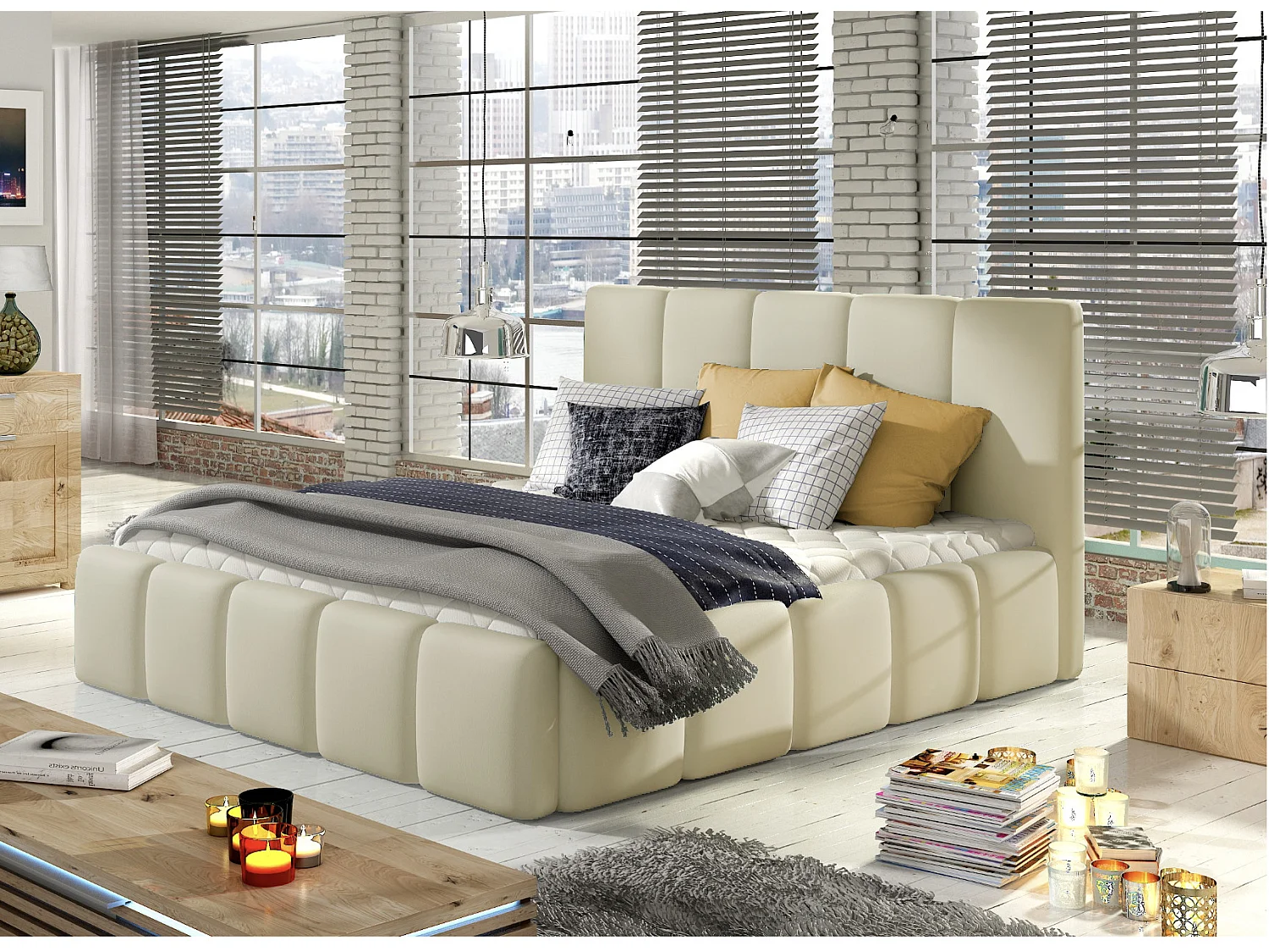 Lit moderne capitonné cuir synthétique Vika-Couleur Crème-180x200-Version avec sommier