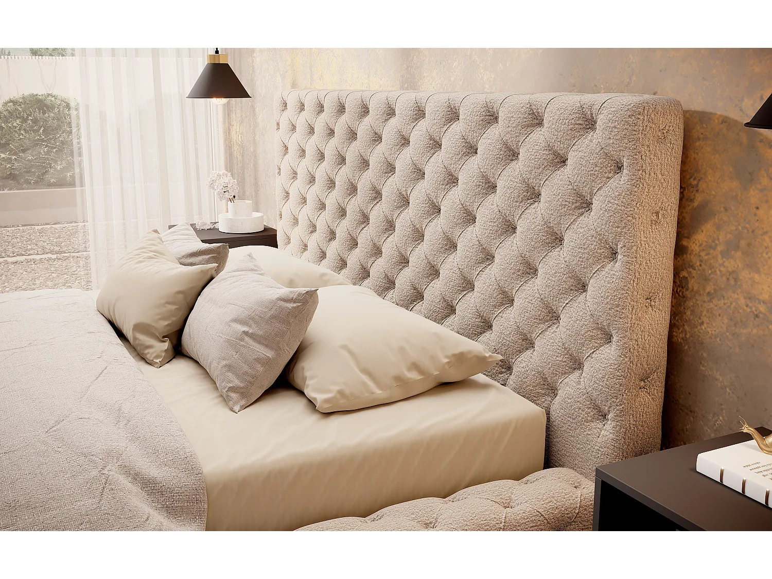 Lit design avec tête de lit et coffre capitonné velours beige foncé Prince - 3 tailles-160x200