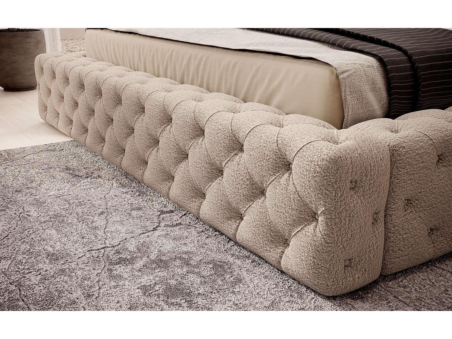 Lit design avec tête de lit et coffre capitonné velours beige foncé Prince - 3 tailles-160x200