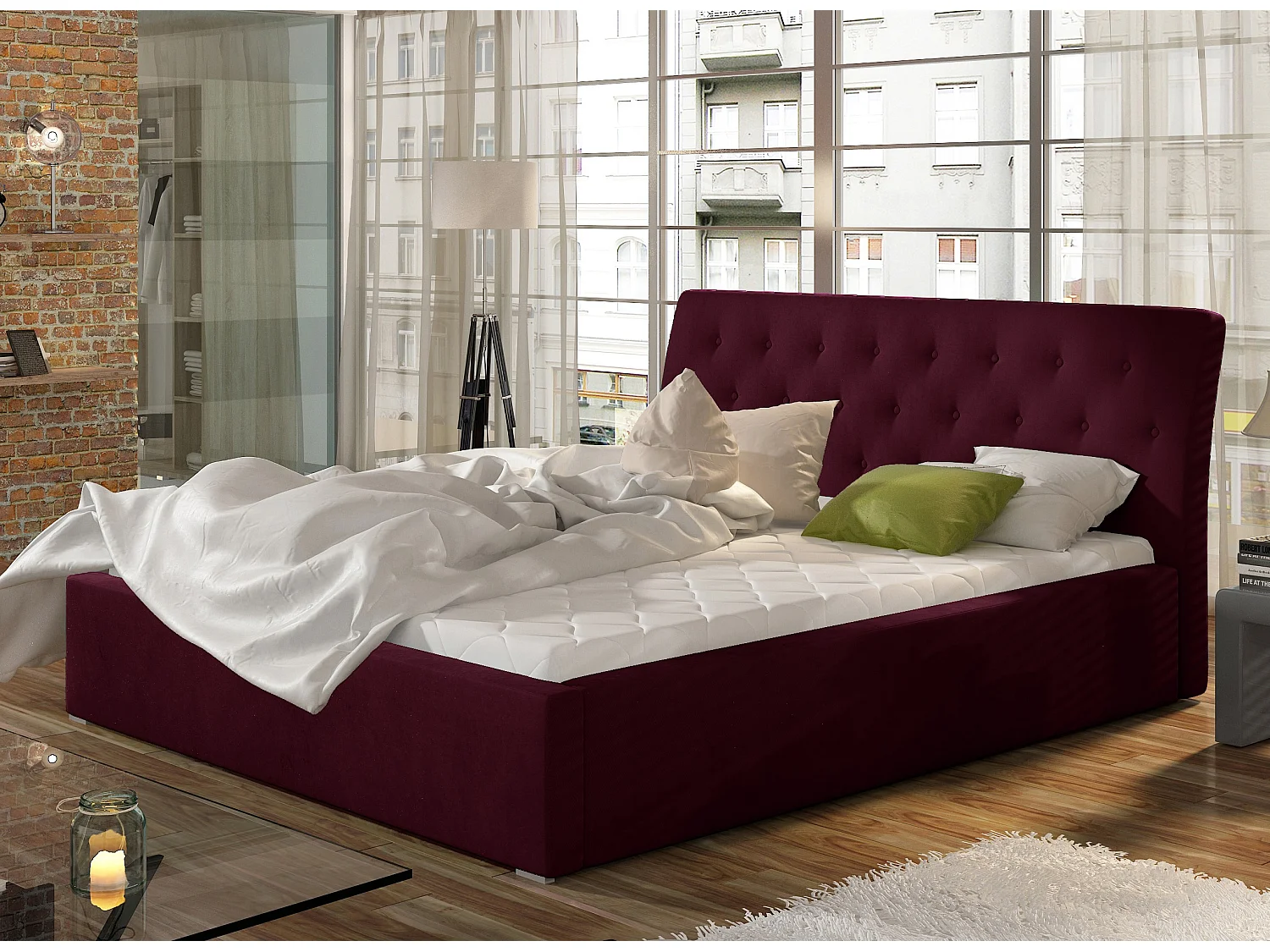 Lit velours capitonné Venizia-Couleur Magenta foncé-160x200-Version avec sommier