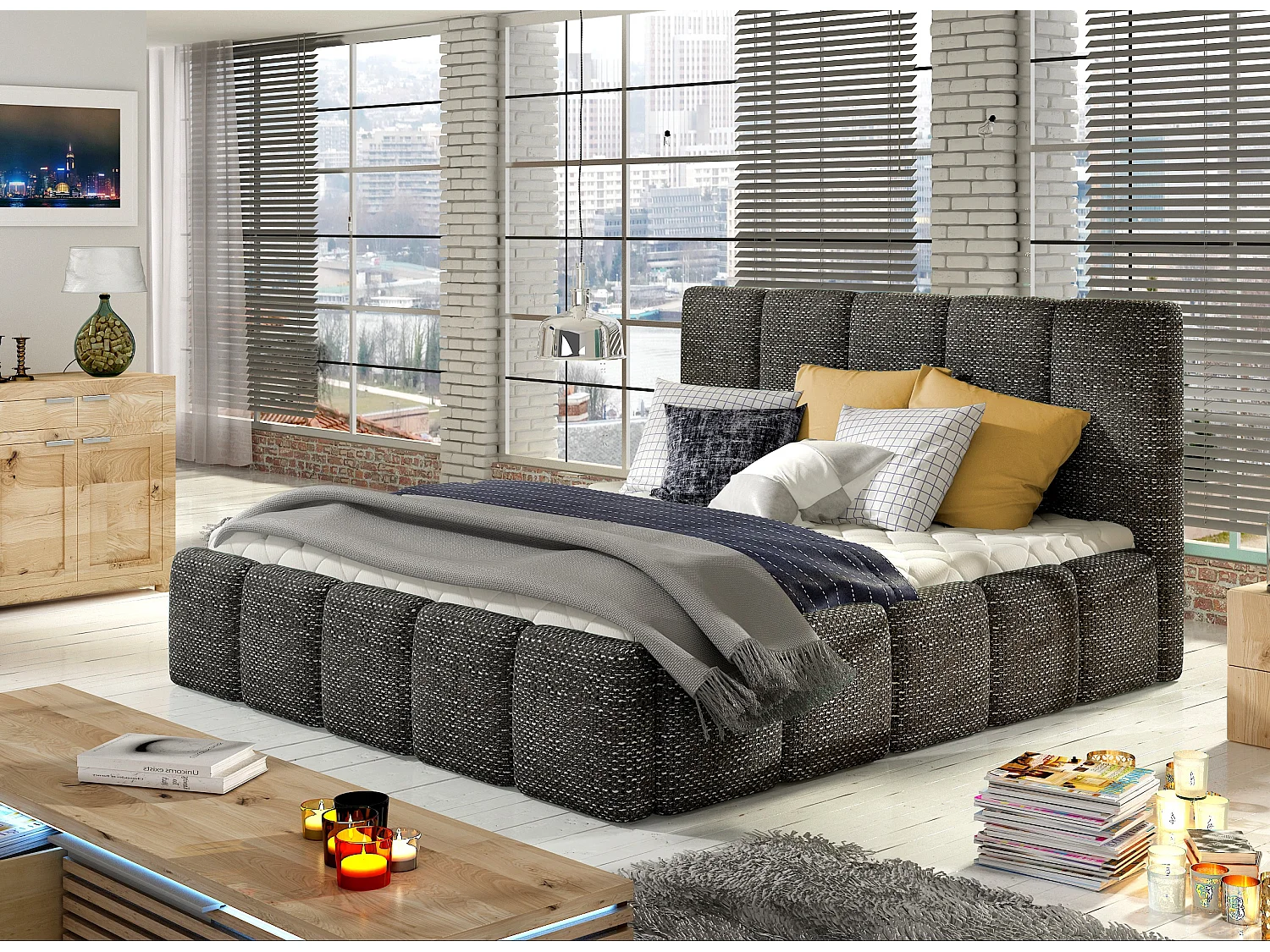 Lit moderne capitonné tissu Vika-Couleur Noir chiné-160x200-Version avec sommier