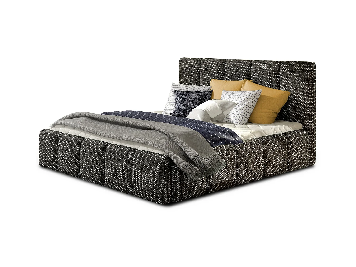 Lit moderne capitonné tissu Vika-Couleur Noir chiné-160x200-Version avec sommier