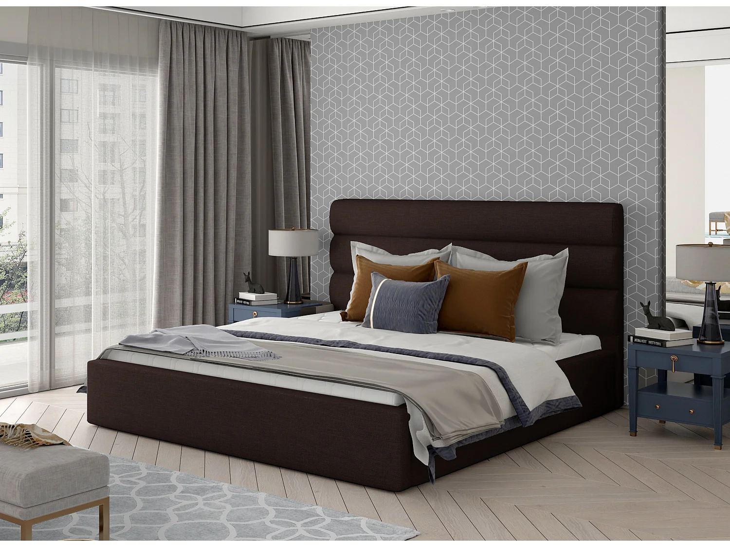 Lit design tissu marron avec coffre de rangement Klarina - 4 tailles-180x200