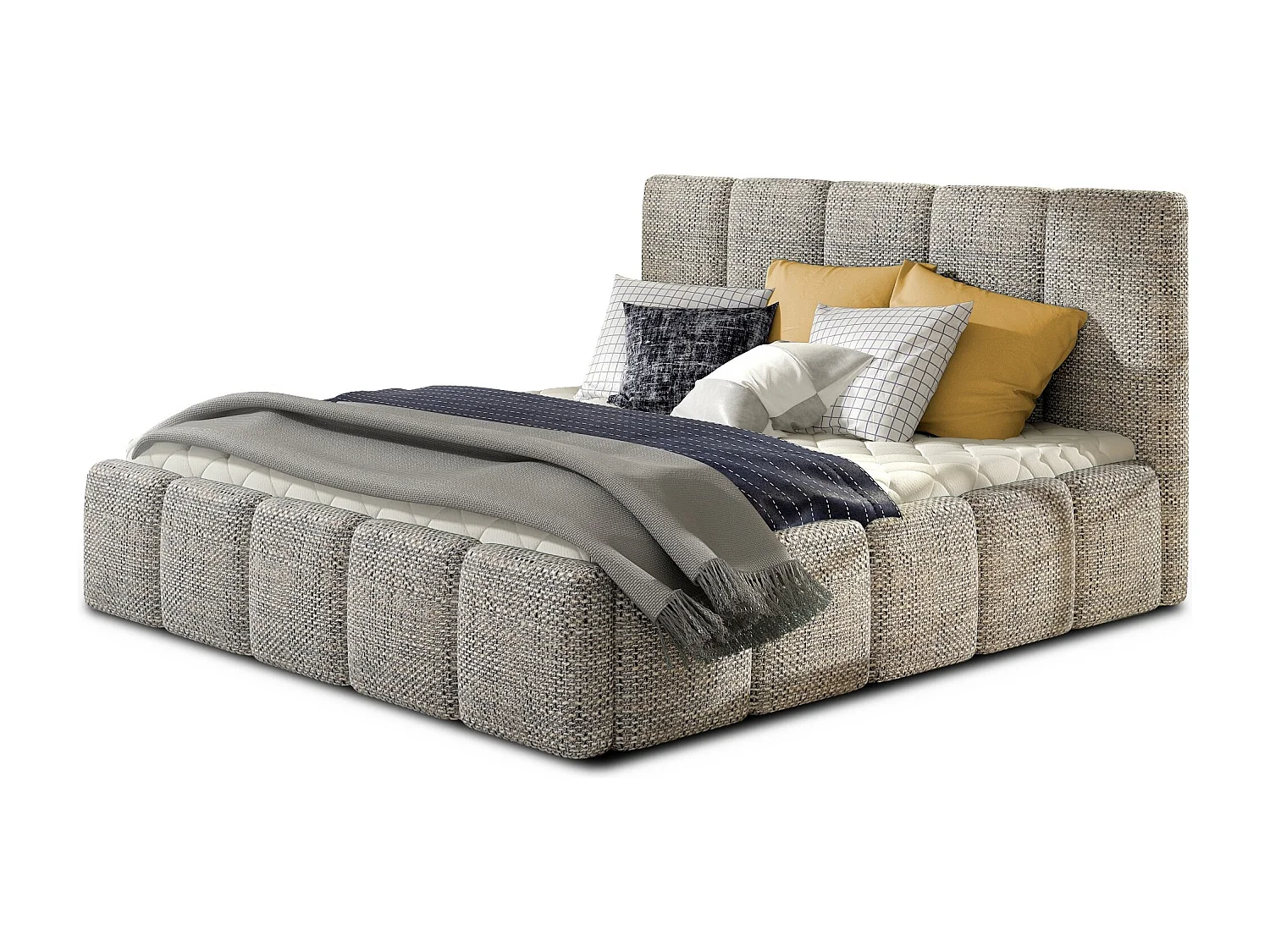 Modern gestoffeerd bed in Vika-stof-Kleur Heide grijs-Slapen 140x200cm-Versie met boxspring
