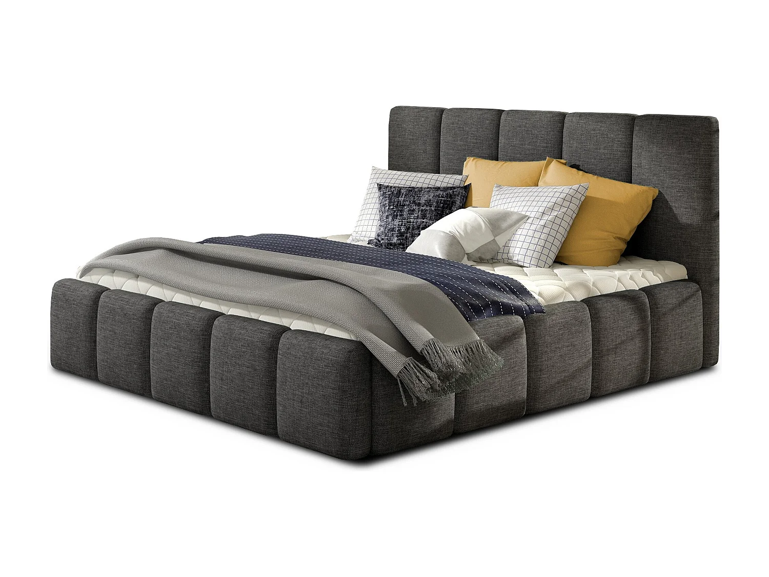 Modern gestoffeerd bed in Vika-stof-Kleur Heide grijs-Slapen 140x200cm-Versie met boxspring