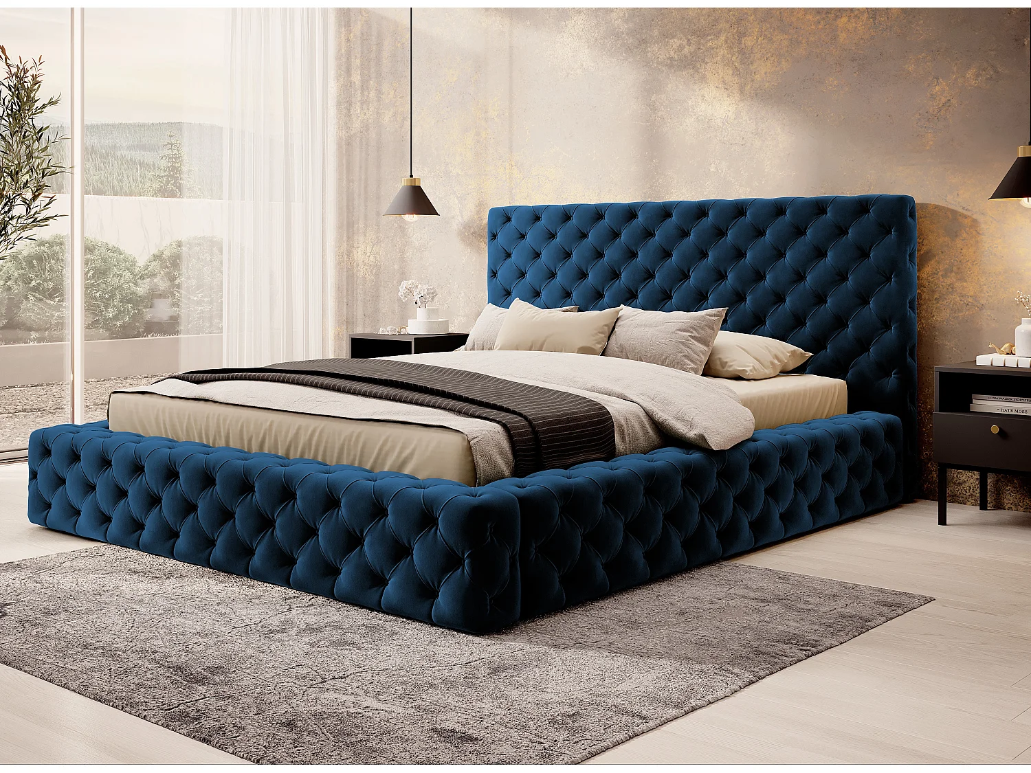 Lit design avec tête de lit et coffre capitonné velours bleu Prince - 3 tailles-140x200