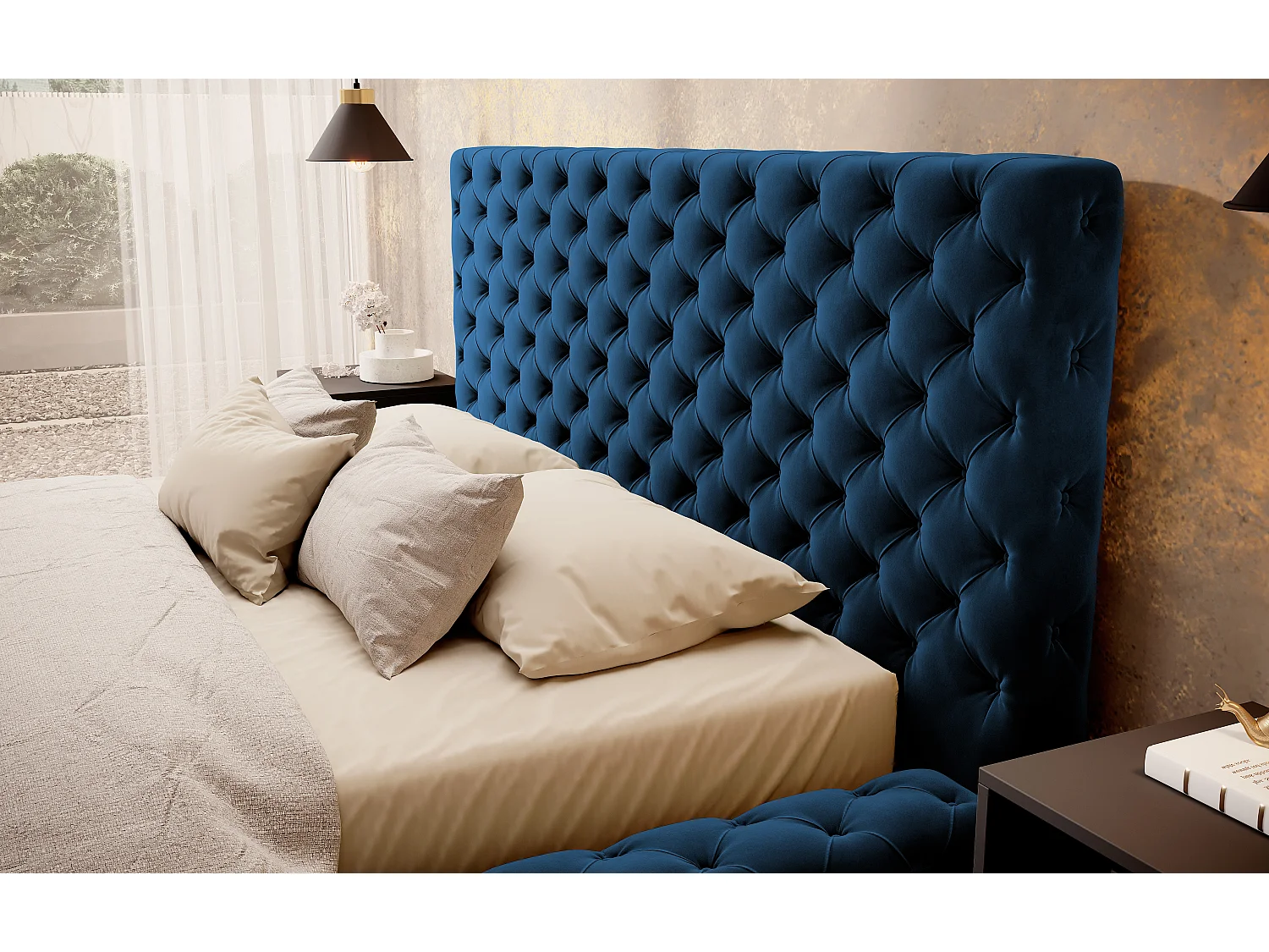 Lit design avec tête de lit et coffre capitonné velours bleu Prince - 3 tailles-140x200