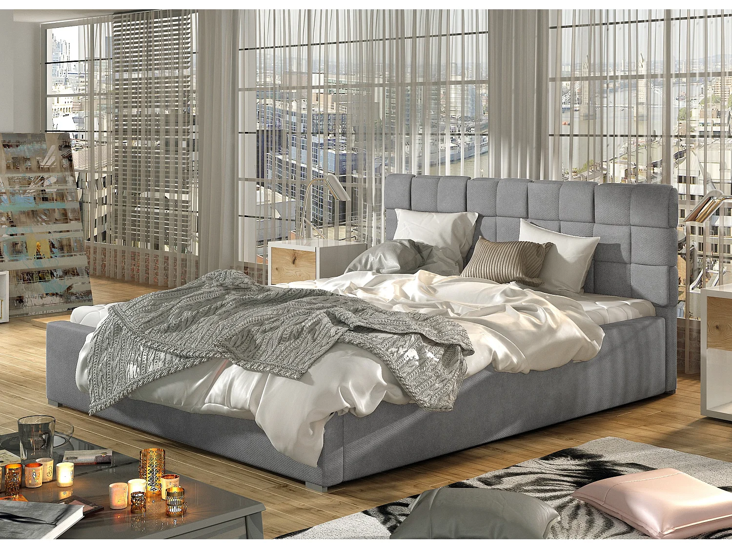 Lit avec coffre de rangement 200x200 capitonné velours gris Kandy