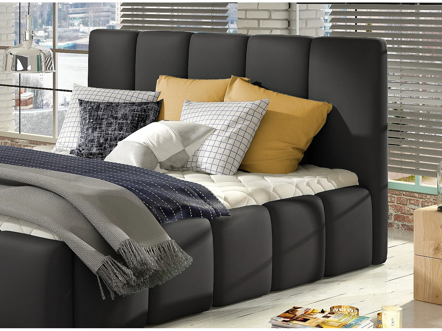 Lit moderne capitonné cuir synthétique Vika-Couleur Noir-160x200