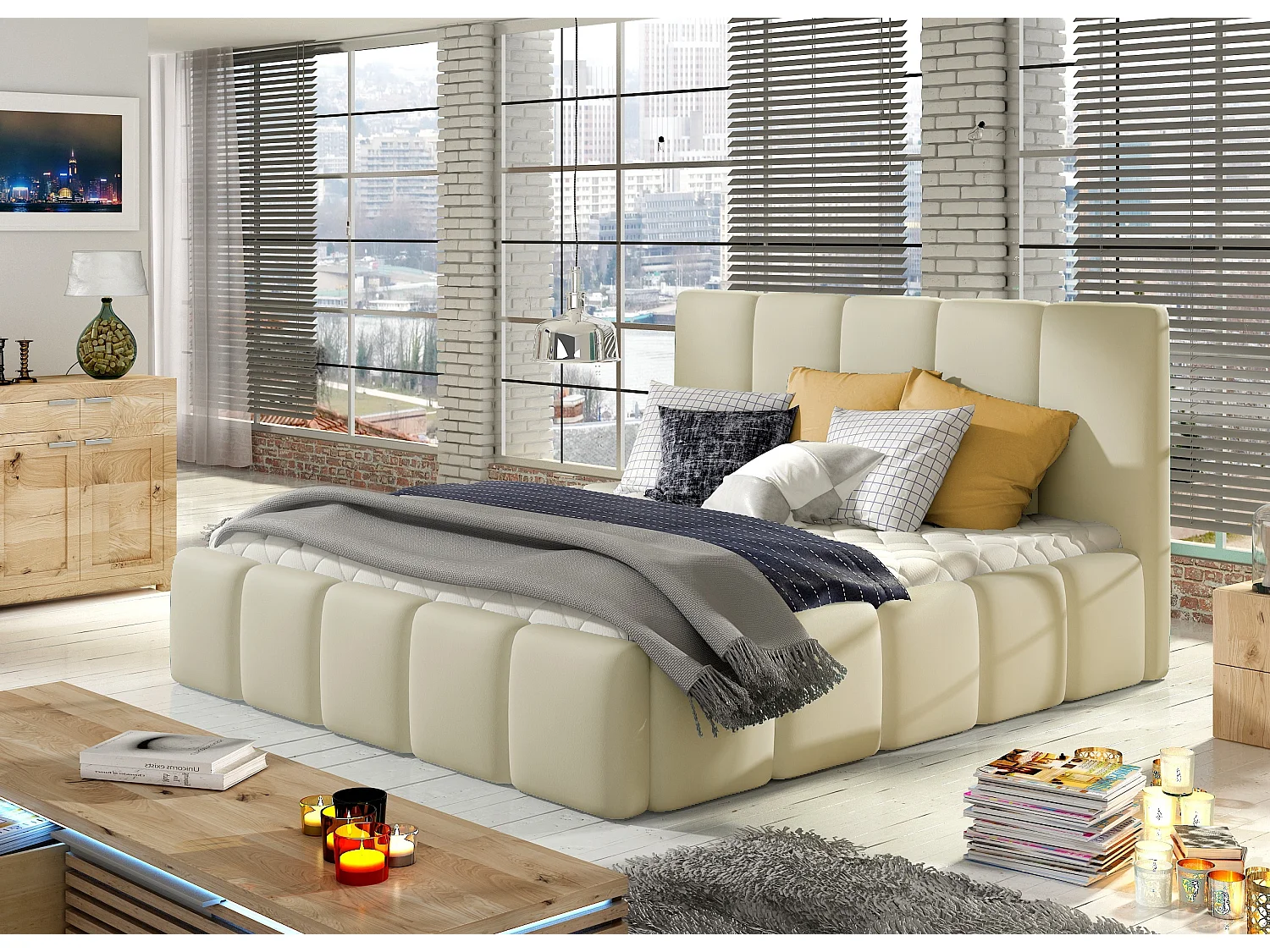 Lit moderne capitonné cuir synthétique Vika-Couleur Crème-140x200