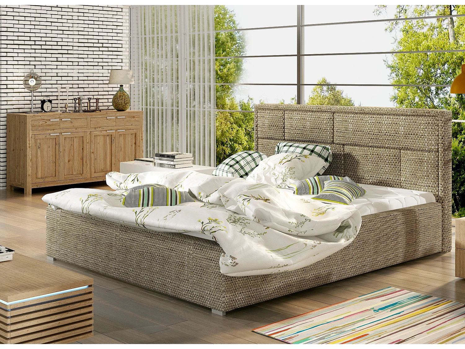 Lit avec coffre tissu beige chiné tête de lit capitonnée Lenzo - 4 tailles-140x200