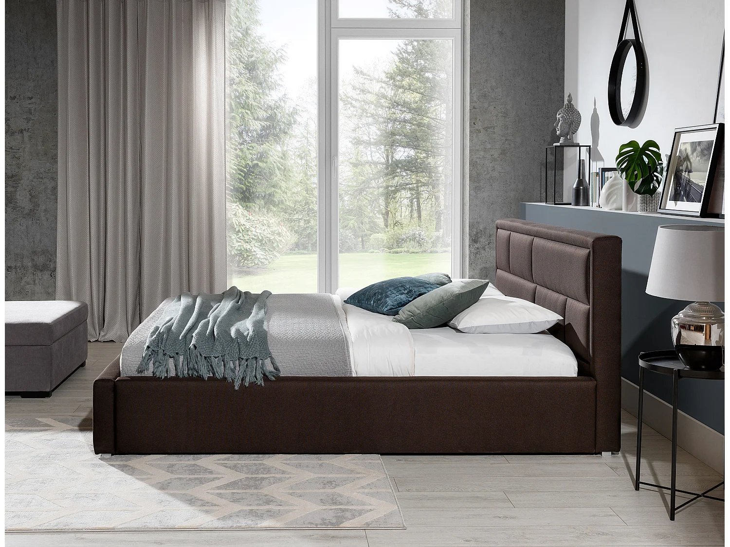 Lit avec coffre tissu beige chiné tête de lit capitonnée Lenzo - 4 tailles-140x200