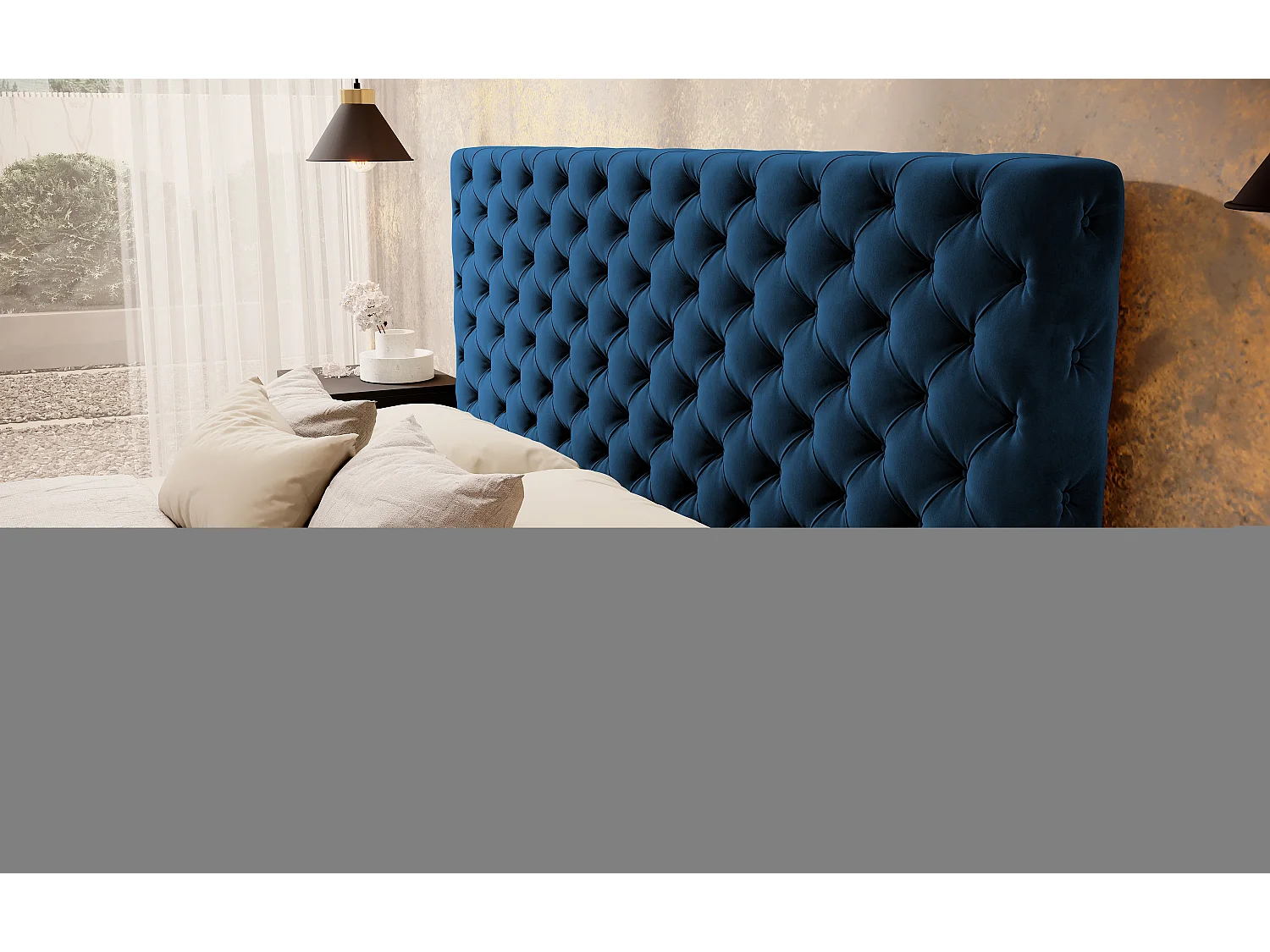 Lit design avec tête de lit et coffre capitonné velours bleu Prince - 3 tailles-160x200