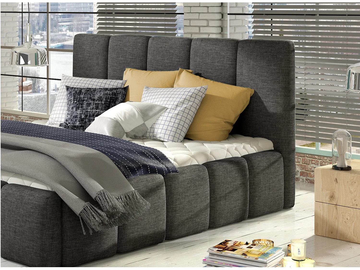 Lit moderne capitonné tissu Vika-Couleur Anthracite.-180x200-Version avec sommier