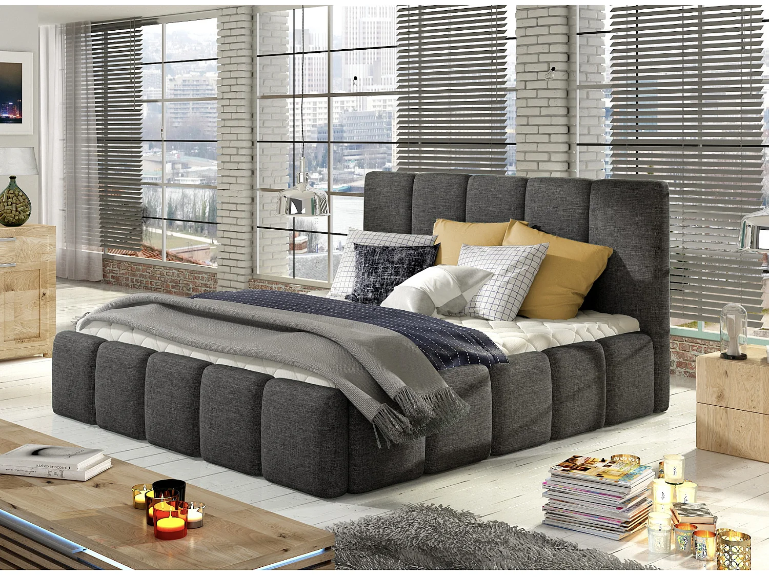 Lit moderne capitonné tissu Vika-Couleur Anthracite.-180x200-Version avec sommier