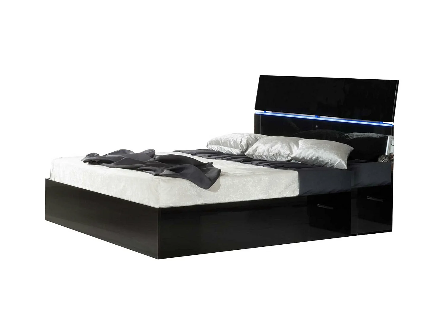 Lit coffre bois noir laqué et tête de lit noire laquée avec led Mona-Couchage 180x200 cm