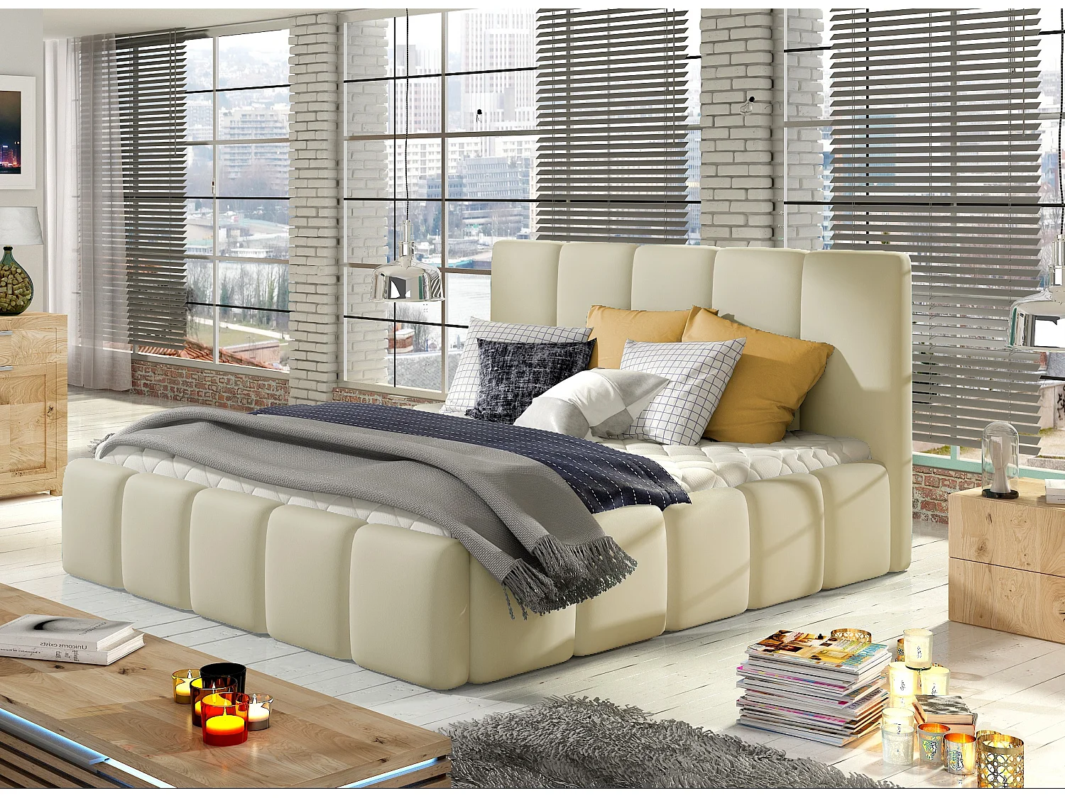 Vika modern gestoffeerd kunstleer bed-Kleur Licht beige-Slapen 160x200cm-Versie zonder boxspring