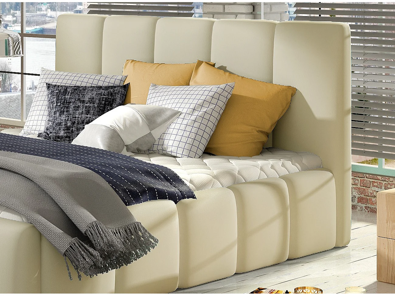 Vika modern gestoffeerd kunstleer bed-Kleur Licht beige-Slapen 160x200cm-Versie zonder boxspring