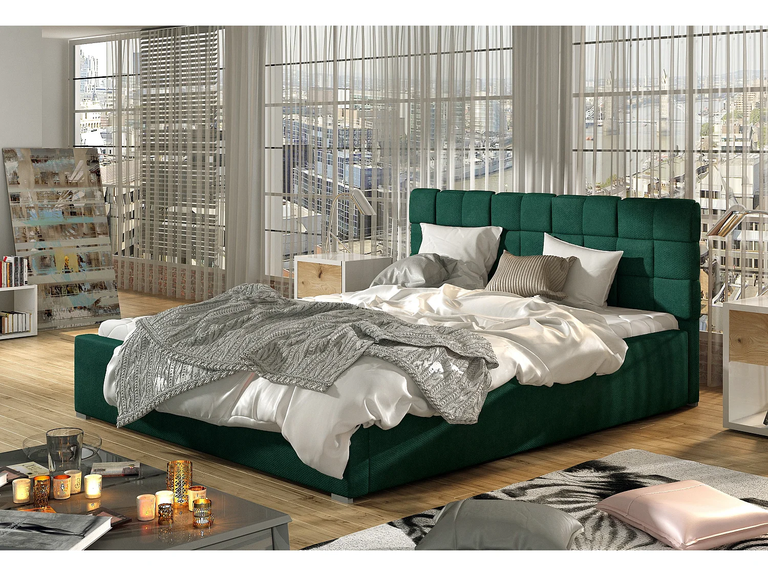 Lit avec coffre de rangement 180x200 capitonné velours vert Kandy