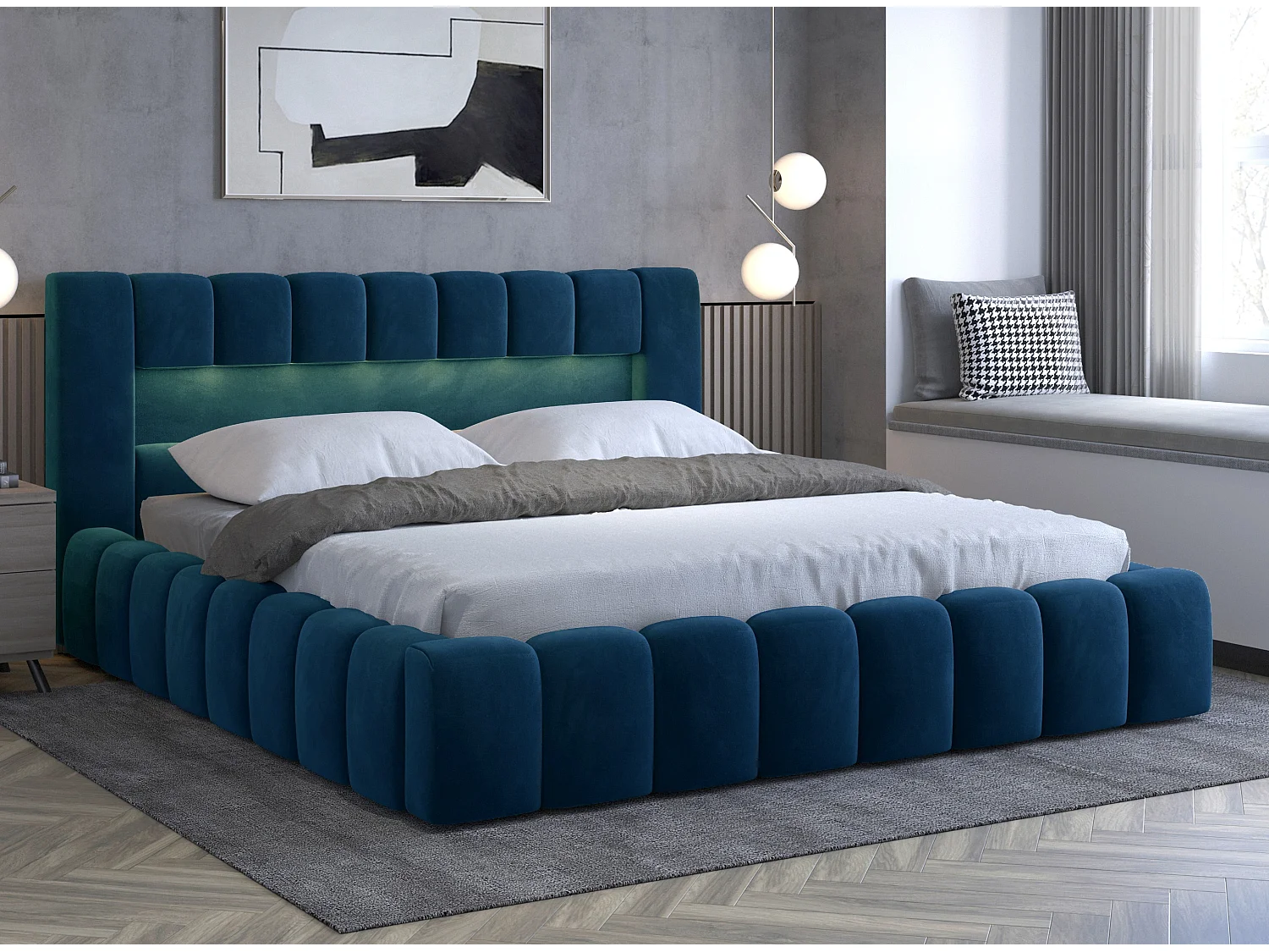 Lit design avec coffre tapissé velours Luto-Couleur Bleu pétrole-160x200