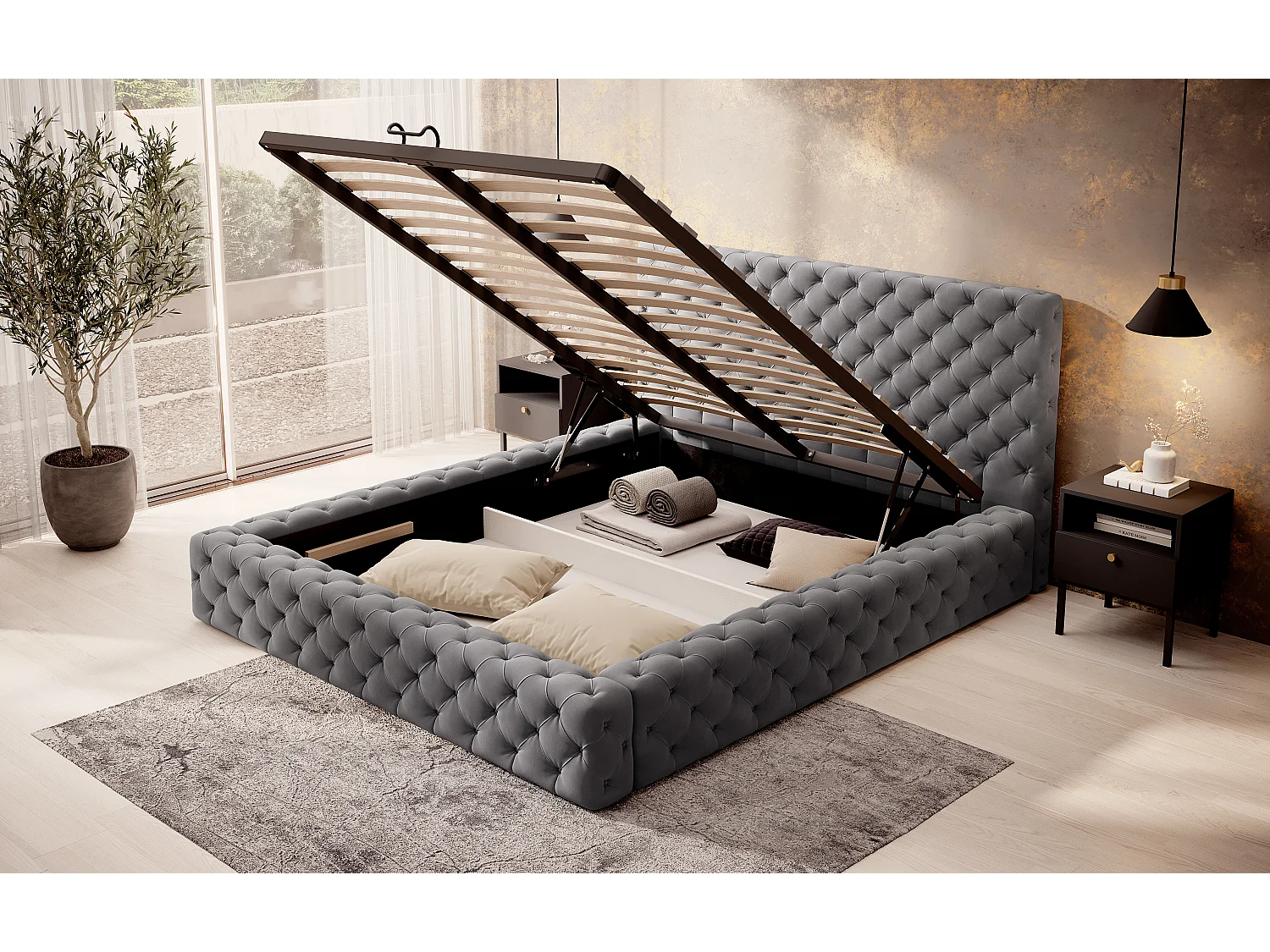 Lit design avec tête de lit et coffre capitonné velours gris foncé Prince - 3 tailles-180x200