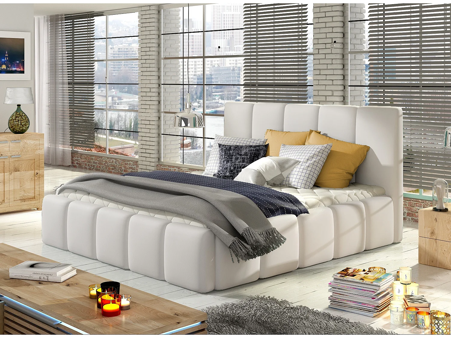 Vika modern gestoffeerd kunstleer bed-Kleur Wit-Slapen 160x200cm-Versie met boxspring
