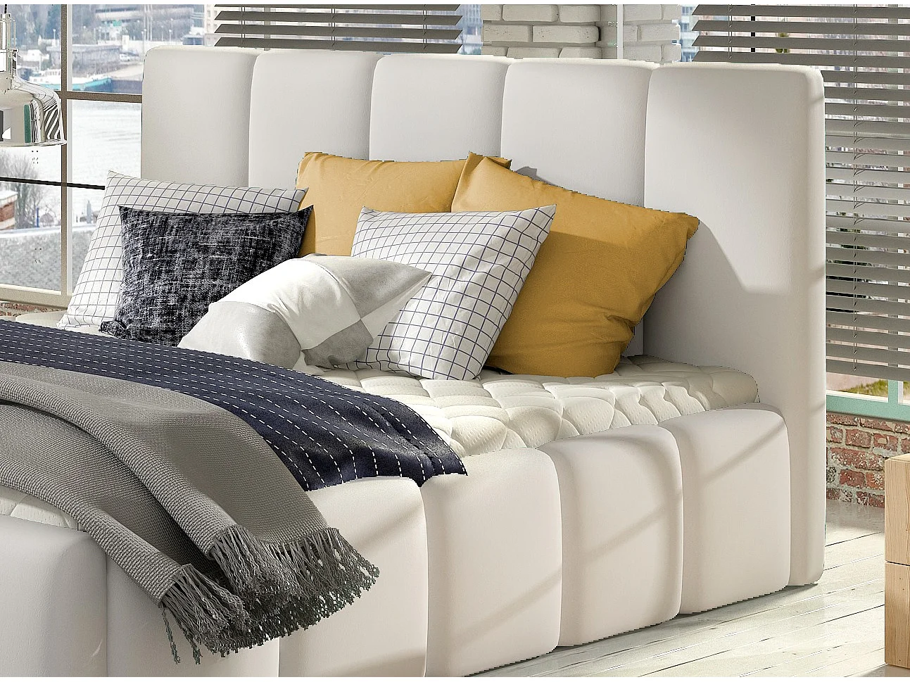 Vika modern gestoffeerd kunstleer bed-Kleur Wit-Slapen 160x200cm-Versie met boxspring