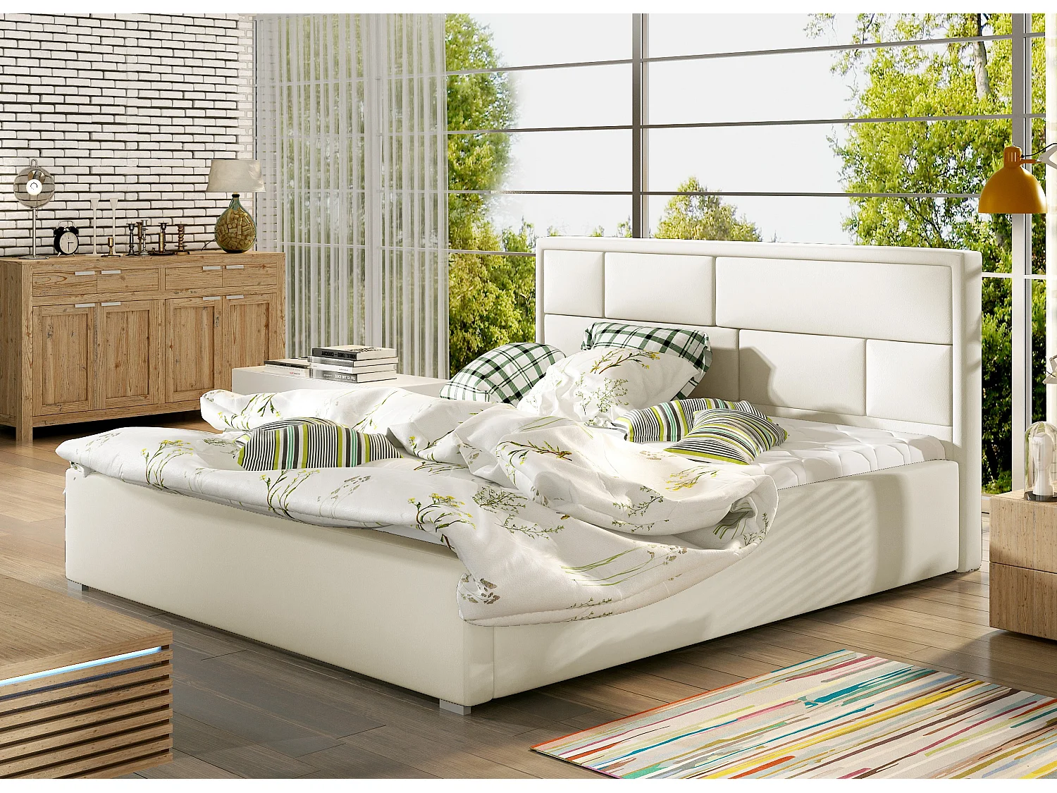 Lit avec coffre simili cuir beige clair tête de lit capitonnée Lenzo-160x200