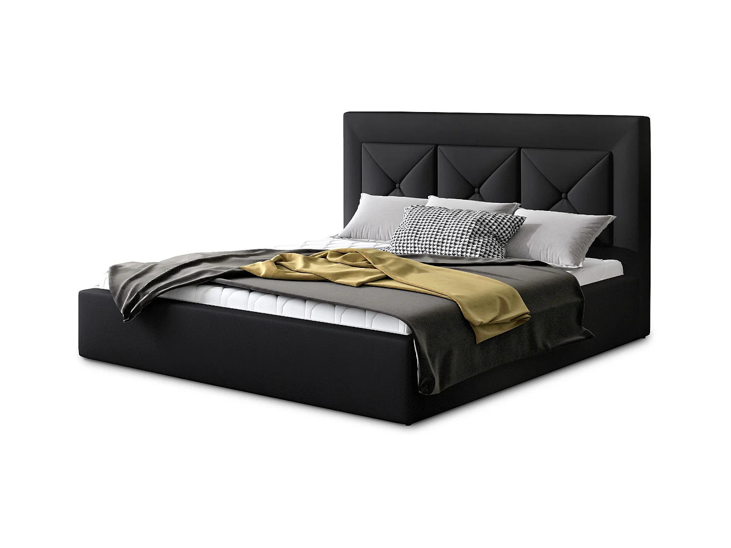 Lit double rembourré en simili cuir Clarin-Couleur Noir-160x200-Version avec sommier