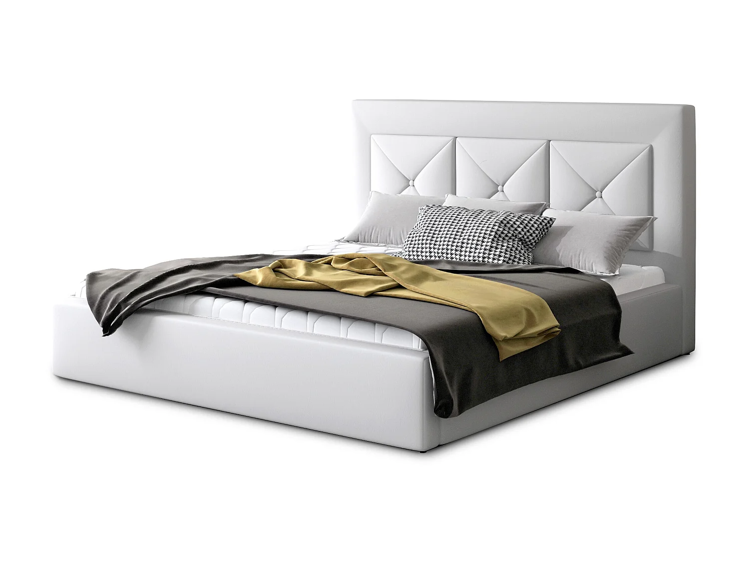 Lit double rembourré en simili cuir Clarin-Couleur Blanc-160x200-Version avec sommier