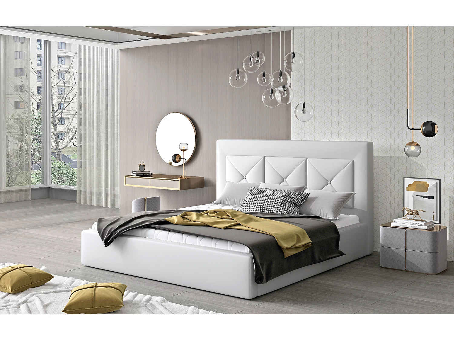 Lit double rembourré en simili cuir Clarin-Couleur Blanc-160x200-Version avec sommier