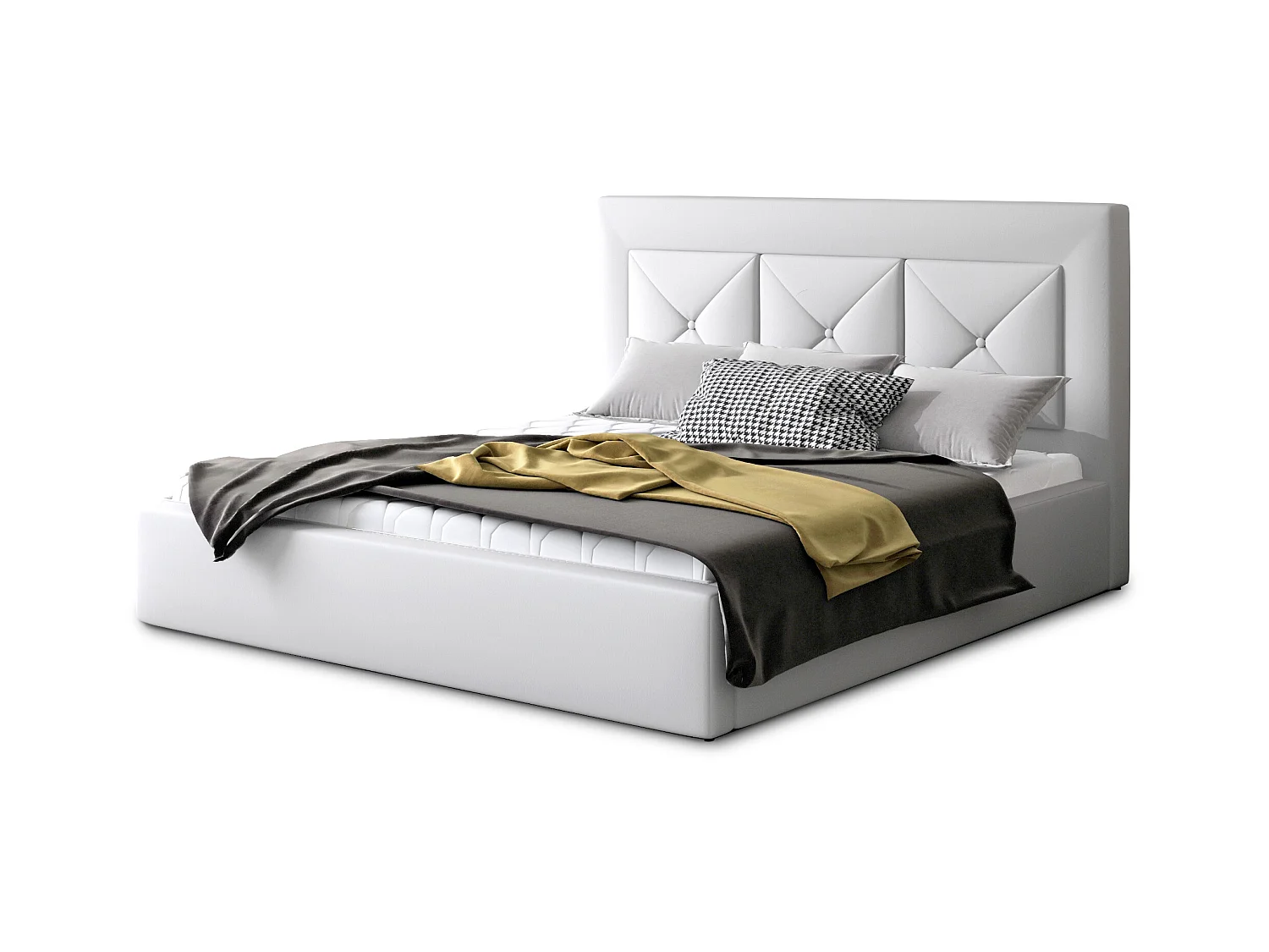 Lit double rembourré en simili cuir Clarin-Couleur Blanc-160x200-Version avec sommier