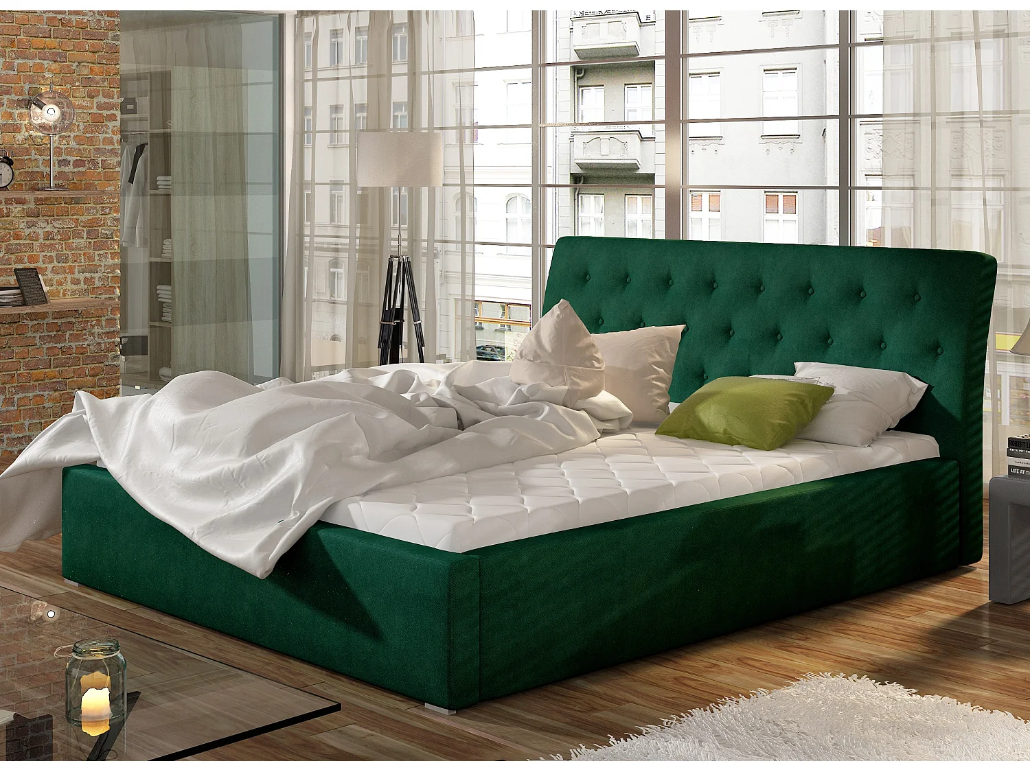 Lit velours capitonné Venizia-Couleur Vert épinard-160x200-Version avec sommier