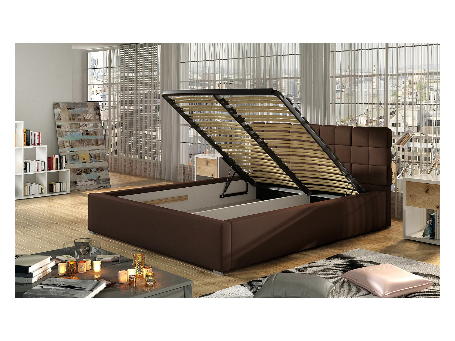 Lit avec coffre de rangement 160x200 capitonné velours vert Kandy