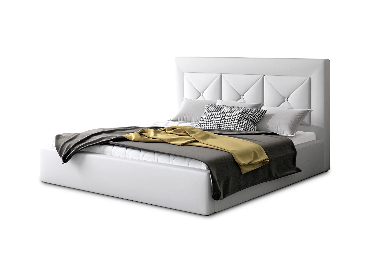 Lit double rembourré en simili cuir Clarin-Couleur Blanc-140x200-Version avec sommier