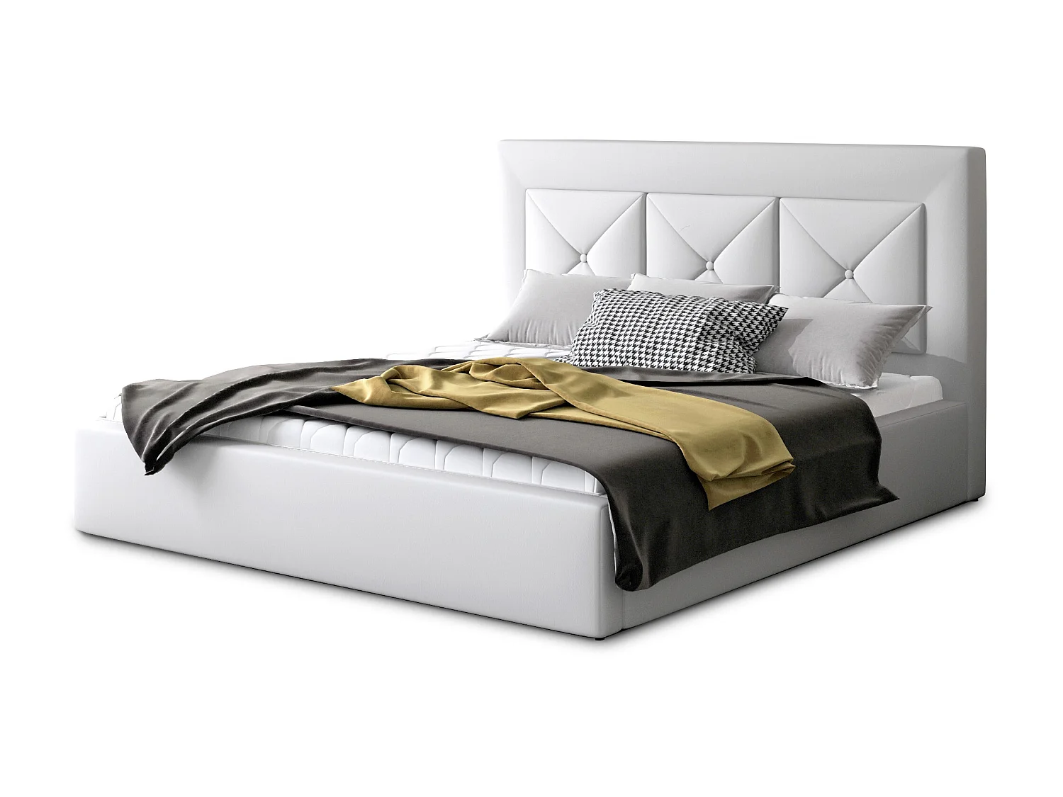 Lit double rembourré en simili cuir Clarin-Couleur Blanc-140x200-Version avec sommier