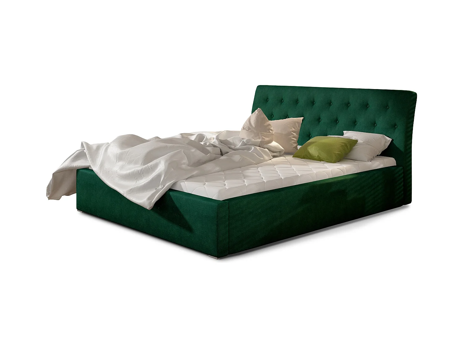Lit velours capitonné Venizia-Couleur Vert épinard-140x200-Version avec sommier
